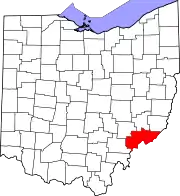 Kort over Ohio med Washington County markeret