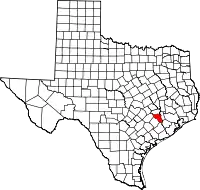 Kort over Texas med Austin County markeret
