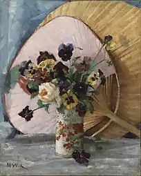 Stedmoderblomster og japansk vifte, ca. 1887