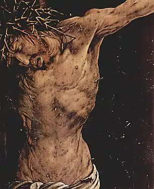 Fra korsfæstelsesdelen af Matthias Grünewalds Isenheimer Altarbeg. af 1500-tallet (detalje)