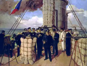 Admiral Tōgō på broen af Mikasa i begyndelsen af slaget ved Tsushima i 1905. Signalet, der er ved at blive hejst er bogstavet "Z", som var en særlig meddelelse til flåden.