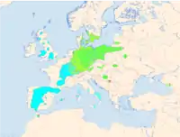 UdbredelseskortCyan & gul: Året rundt. Grøn: ynglende sommergæst