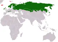 Snehares udbredelse (green - oprindelig, red - introduceret)