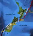 De større brudlinier i New Zealand med den relative bevægelse af den australske plade og Stillehavspladen