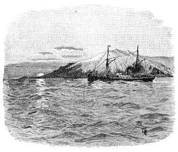 "Thyra vid Snefellsnäs". Skibet Thyra passerer Snefellsnäs-gletscheren.