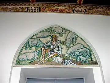 J.T. SkovgaardDen gode hyrde. Fresko over dør fra tårnrum til skib, 1964