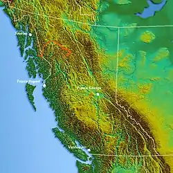 Stikine River (markeret med orange) og British Columbia