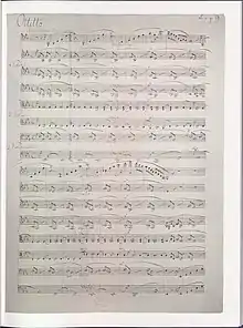 page of music manuscript, completed in ink, with sixteen staves