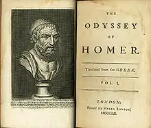 En åben, antik bog, der på venstre side viser en buste af en skægget mand og på højre side titelsiden med de følgende oplysninger: "The Odyssey of Homer, transalted from the Greek. Vol. I, London. Printed for Henry Lintot MDCCLII"