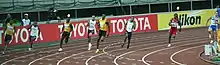 200-meter-løb ved atletik-VM 2007Tyson Gay (3. fra højre) vinder foran Usain Bolt (4. fra højre) og Wallace Spearmon (5. fra højre)
