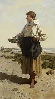 Otto Sinding, Fiskerjente på strand, 1883.