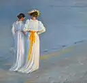P.S. Krøyer, Anna Ancher og Marie Krøyer på stranden ved Skagen, 45 × 47 cm, 1890'erne