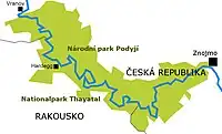Boundary of Podyjí National Park in the Czech Republic and the adjacent Thayatal National Park in Austria