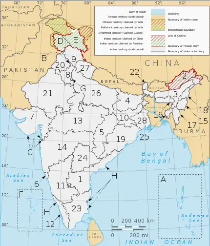 Nummereret kort over Indiens delstater.