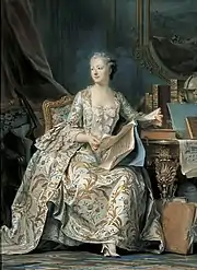 Madame de Pompadour i helportræt af Maurice Quentin de La Tour, o. 1755. Pastel på gråblåt papir med fremhævelser i gouache-farver. Ansigtet er udskåret og monteret på papiret. 177×130 cm. Louvre, Paris