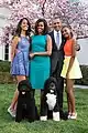 USA's førstehunde Bo (t.h.) og Sunny sammen med familien Obama foran Det Hvide Hus i april 2015.