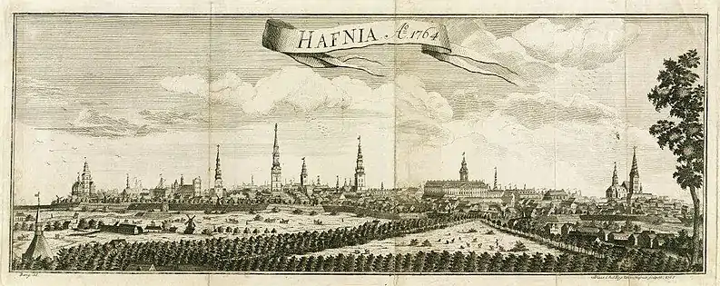1763: København set fra Frederiksberg Bakke. Frederiksberg Kirke ses i nederste venstre hjørne. Den diagonale træbeklædte allé er Frederiksberg Allé.