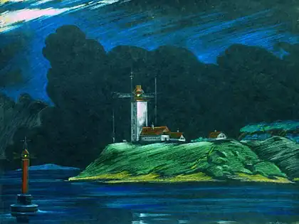 Røsnæs Fyr. Maleri af Vyacheslav Ovchinnikov (f. 1947)