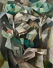 Albert Gleizes, 1911, Le Chemin, Paysage à Meudon (Paysage avec personnage), olie på lærred, 146,4 x 114,4 cm. Stjålet af nazistiske besættere fra samleren Alphonse Kanns hjem under Anden Verdenskrig, vendt tilbage til sine retmæssige ejere i 1997.