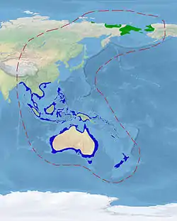 Grøn: Yngleområde Blå: Overvintringsområde Rød stiplet linje: Totalt forekomstområde