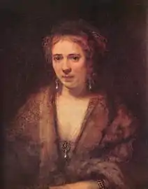 Hendrickje StoffelsUng kvinde i fantasifuld kostume (ca. 1652)Rembrandt van RijnOlie på læred, 74 × 61 cmMusée du Louvre