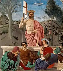 Kristi opstandelse af Piero della Francesca. o. 1460. Vægmaleri i fresko og tempera. 225×200 cm. Museo Civico, Sansepolcro, Toscana (en)