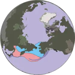 Udbredelse Harlekinsæl (blå - sommer, pink - maksimum)