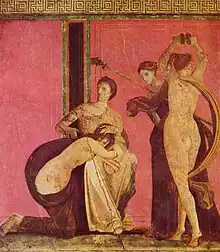 Fresko af en indvielse i en mysteriereligion. Fra villa i Pompeji før 79 f.Kr. Romersk kunst - (Om nye religioner). Afbilder muligvis en indvielse med piskning (Kvindelige optagelsesritualer (no)