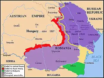 Rumænske områder afstået til Østrig-Ungarn (rød), Bulgarien (grøn) og Centralmagter (gul) ved Freden i Bukarest. Disse ændringer blev ophævet af Versaillestraktaten.