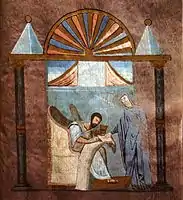 Evangelistportræt i Codex purpureus Rossanensis, Rossano-evangelier (evangeliebog). Markus skriver på en skriftrulle. Et af de ældste overleverede illuminerede manuskripter fra 6. årh. under byzantinsk herredømme i Italien (mærket over højre skulder er en plet).