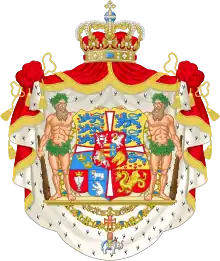 Rigsvåbenet som benyttet 1819-1903. Det er den første udgave af rigsvåbenet indført efter fjernelsen af den norske løve, og den sidste udgave der benyttede Islands traditionelle våbenmærke - en kronet sølvfarvet klipfisk på rød bund.