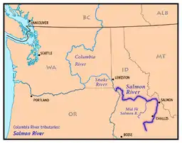 Kort med Salmon River, der viser bifloderne Middle Fork Salmon River, og dens forbindelse til Columbia River via Snake River