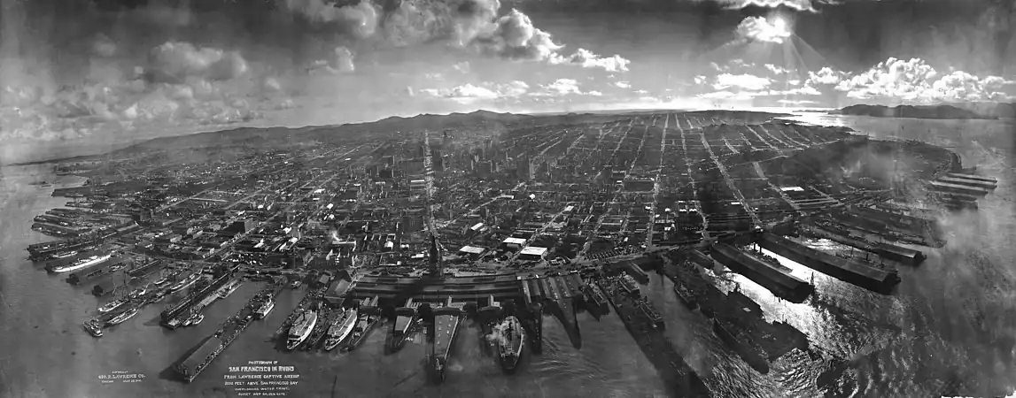 Panorama af San Francisco i ruiner, set fra Lawrence Stationære Luftskib, 610 m over San Francisco Bugten med udsigt over havnefronten. Solnedgang over Golden Gate. Maj 1906 af George R. Lawrence