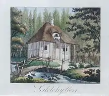 Kildehytten med udhængsskilt.Radering af Clemens efter tegning af Hanck, 1822
