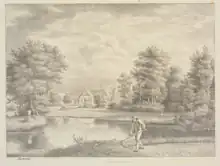 Hovedbygningen set fra havesiden. - Tegningen regnes nu som Eckersbergs forstudie til maleriet med samme motiv.(Se motivet som maleri herunder)