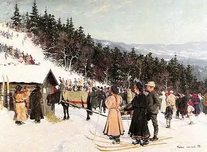 Skirenn i Fjelkenbakken, Asker 1898. Billedet findes i to varianter. Et stiliseret udsnit fra maleriet blev i 1975 gengivet på et norsk frimærke som del af en serie med temaet Skisport.
