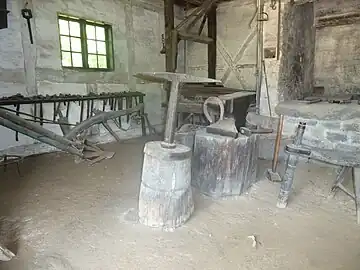 Smedeværkstedet med ambolt og essen i højre side