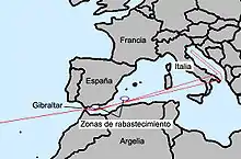 Diagram af den rute som skulle flyves af B-52'ere med atombomber om bord på vej til fjendtlige lande. Den forløber over Middelhavet og Italien inden den drejer nordpå over Adriaterhavet.