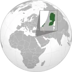 Områder, som Palæstina gør krav på (grøn).Krævet område annekteret af Israel (lysegrøn).