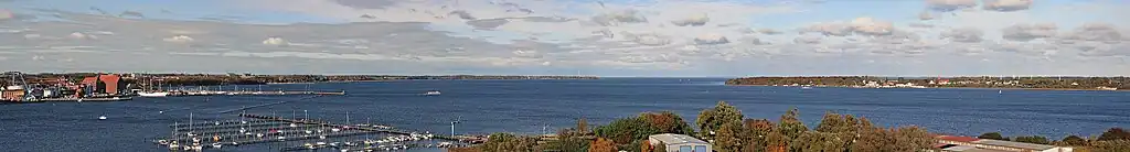 Panorama over Strelasund taget fra Rügen Bro i retningen mod Parow