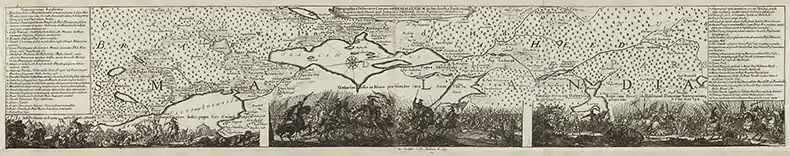 Karta över Bråvalla hed i Suecia antiqua, där Blendas namn första gången förekommer i tryck.