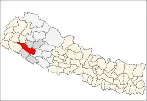 Surkhet District i Bheri Zone (grå) i Mid-Western Development Region (grå + lysegrå)