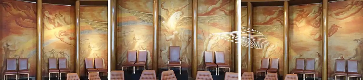 Fotomontage af Grünewalds 18 meter lange monumentale maleri "Morgenrøden"Langs væggen står de originale stole, med Ivar Kreugers stol i midten.