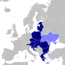 Et kort af Europa med De Tre Have og dets medlemslande fremhævet i grønt.