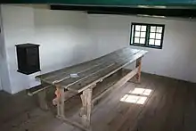 Skolens eneste klasseværelse med ovn.