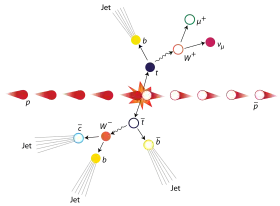 Illustration af en top-kvark og en anti-top-kvark, der bliver skabt af en kollision mellem en proton og en antiproton og deres nedfald.