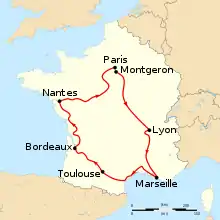 Map of France with the route of the 1903 Tour de France
