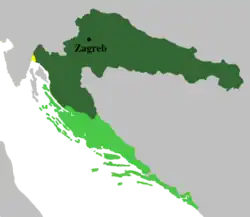 Officielt territorium (mørkegrøn) og krævet territorium (lysegrøn), de jure ungarsk men administreret af både Kroatien og Ungarn (gul)