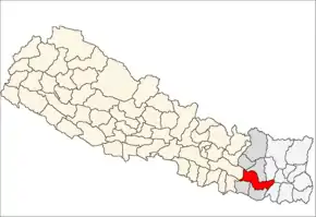 Udayapur District i Sagarmatha Zone (grå) i Eastern Development Region (grå + lysegrå)