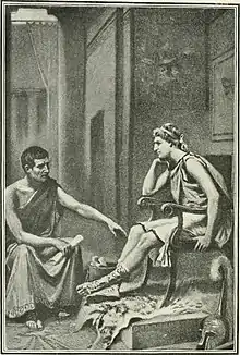 Gravure représentant un homme en toge à droite professant à un homme en tunique